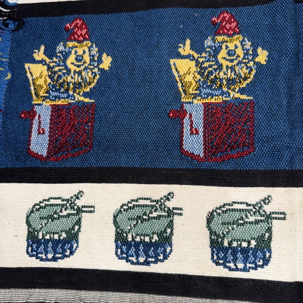 Crown Crafts Vintage Baby Blanket Tapestry Throw Clown Drums Toys Fringe 43X26